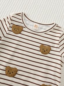 Cozy Pixies 2件套男婴卡通熊图案针织柔软圆领短袖套头衫和背带短裤套装 - 棕色 - 查看 4