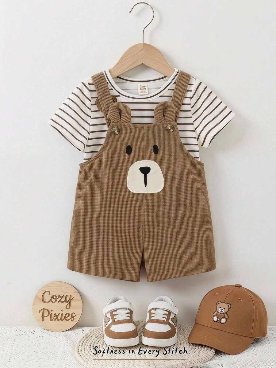 Cozy Pixies 2件套男婴卡通熊图案针织柔软圆领短袖套头衫和背带短裤套装 - 棕色 - 查看 1