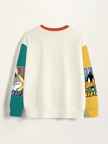 LOONEY TUNES X SHEIN 大尺碼女款字母卡通印花圓領長袖休閒運動衫 - 白色 - 查看 4