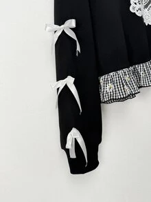 Sweetra Casual Elegant Minimalist Big Ear Rabbit Rabbit Ear Contrast Color Drawstring Bow Decor Cool Punk Rock Halloween Plus Size Women's Sweatshirt - Black - View 4