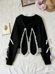 Sweetra Casual Elegant Minimalist Big Ear Rabbit Rabbit Ear Contrast Color Drawstring Bow Decor Cool Punk Rock Halloween Plus Size Women's Sweatshirt - Black - View 2