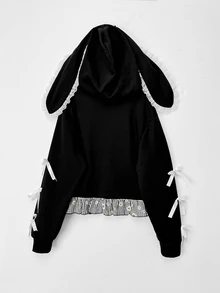 Sweetra Casual Elegant Minimalist Big Ear Rabbit Rabbit Ear Contrast Color Drawstring Bow Decor Cool Punk Rock Halloween Plus Size Women's Sweatshirt - Black - View 5