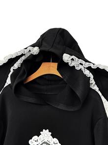 Sweetra Casual Elegant Minimalist Big Ear Rabbit Rabbit Ear Contrast Color Drawstring Bow Decor Cool Punk Rock Halloween Plus Size Women's Sweatshirt - Black - View 7