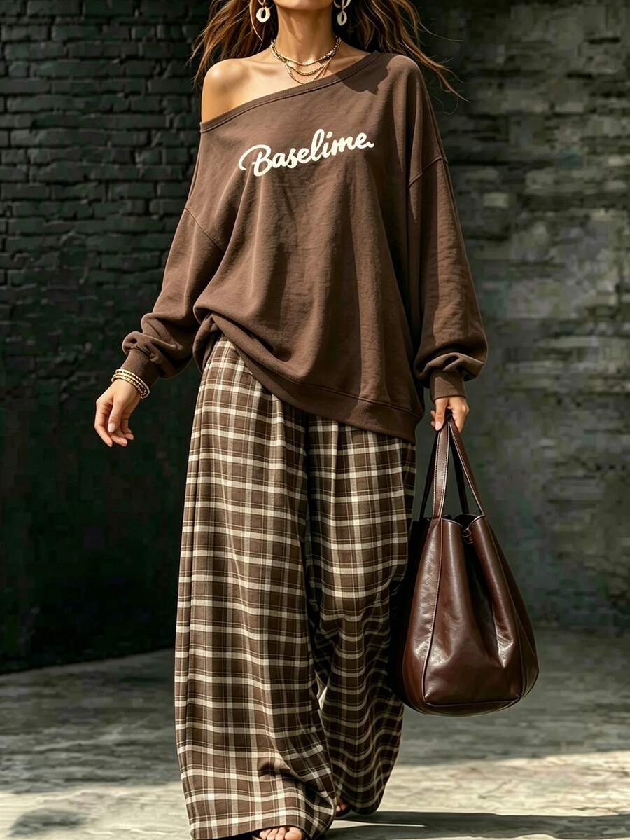 INAWLY Women Casual Streetwear Slouchy Asymmetrical Shoulder Letter Print Long Sleeve Sweatshirt Plaid Pants Set School Dark Brown Brown Plaid Autumn - Burgundy - View 1