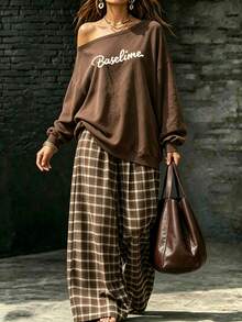 INAWLY Women Casual Streetwear Slouchy Asymmetrical Shoulder Letter Print Long Sleeve Sweatshirt Plaid Pants Set School Dark Brown Brown Plaid Autumn - Burgundy - View 3