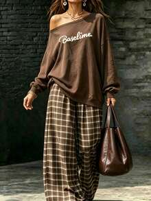 INAWLY Women Casual Streetwear Slouchy Asymmetrical Shoulder Letter Print Long Sleeve Sweatshirt Plaid Pants Set School Dark Brown Brown Plaid Autumn - Burgundy - View 4