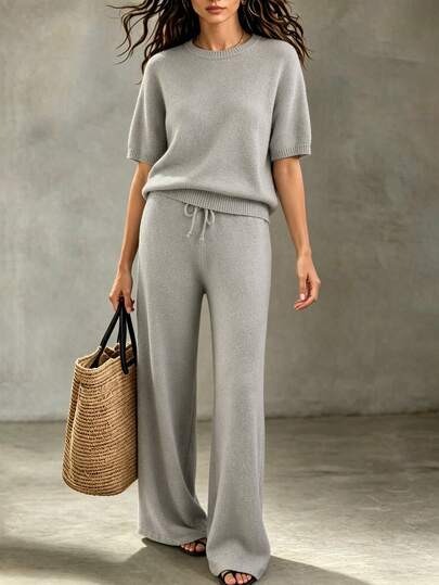 Trelyra Fall Winter 2026 Back To School Elegant Business Grey Fashion Minimalist Vacation Women's Short Sleeve Top Wide-Leg Sweater Pants Knit Sweater Set