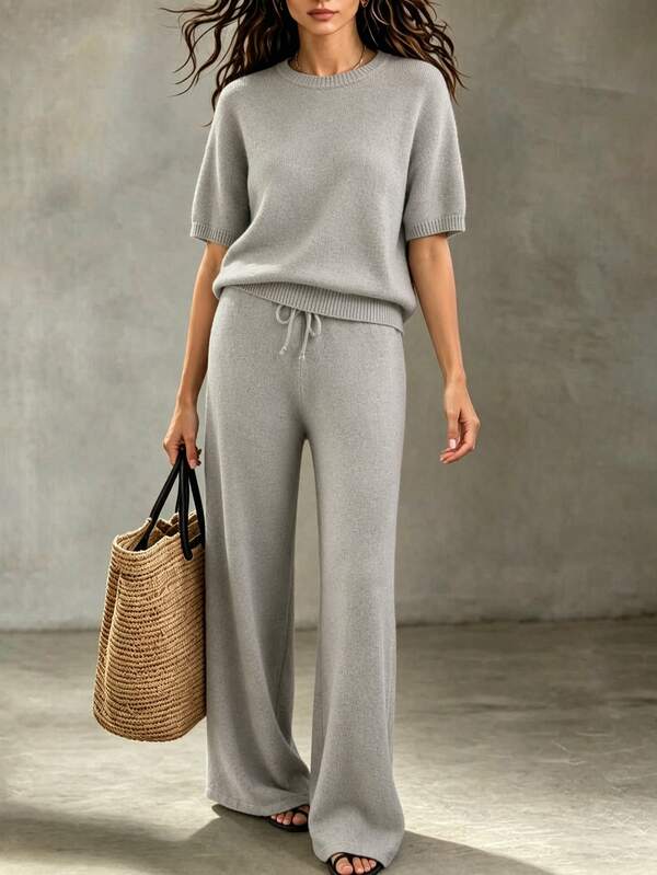 Trelyra Fall Winter 2026 Back To School Elegant Business Grey Fashion Minimalist Vacation Women's Short Sleeve Top Wide-Leg Sweater Pants Knit Sweater Set