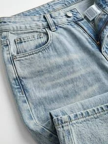 SHEIN بنطلون جينز مقاس كبير بخصر عالي وأسلوب كاجوال، غسيل أزرق فاتح، قصة عادية، أزرار أمامية، ساق واسعة، مناسب للعطلات والنادي والصيف - أزرق فاتح - مشاهدة 5