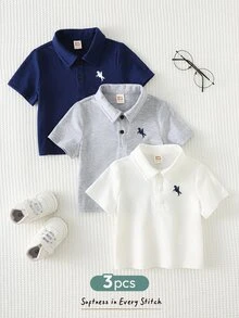 Cozy Pixies 3pcs Baby Boy Knitted Soft Turndown Collar Short Sleeve Horse Pattern Set Cotton Baby Tees Casual T Shirt Cotton Tops Tops,Kids - Multicolor - View 4