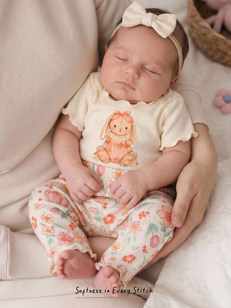 Cozy Pixies Two Pieces Set Of Newborn Baby Girl Daisy Print T-Shirts And Shorts, Perfect For Summer. - Multicolor - View 1