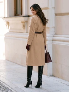 SHEIN Clasi Double Breasted Lapel Collar Overcoat Fall Winter Cloth For Women - Khaki - View 2