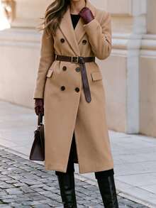 SHEIN Clasi Double Breasted Lapel Collar Overcoat Fall Winter Cloth For Women - Khaki - View 6