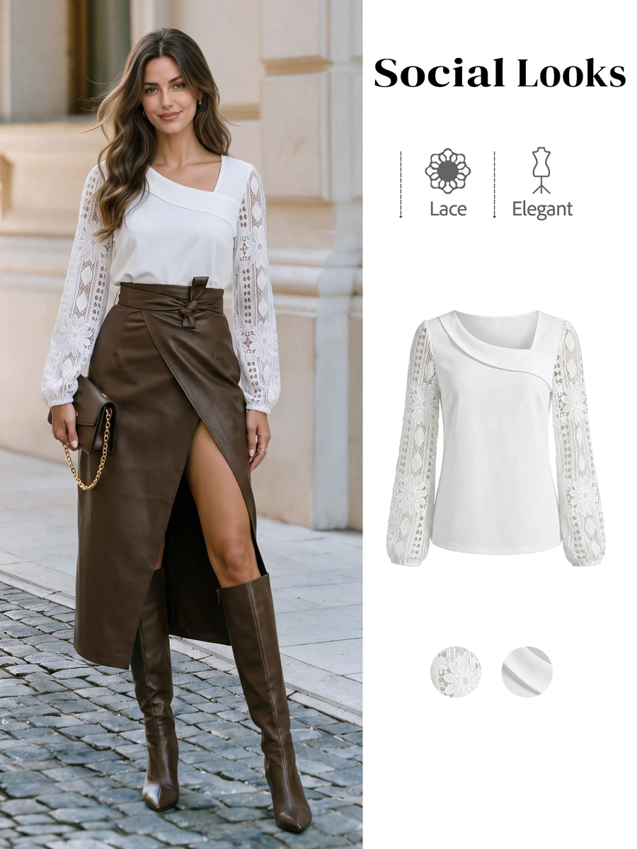 Ellevyn Women's Fashion Elegant Asymmetrical Neckline Long Sleeve T-Shirt - White - View 1