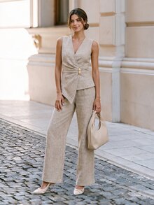 Ellevyn 女款優雅 2026 春夏不對稱無袖百褶金屬鈕扣長褲兩件套 - 杏色 - 查看 3