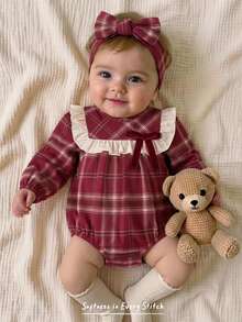 Cozy Pixies Baby Girl Contrast Color Bow Round Neck Ruffle Long Sleeve , Thermal Lined Thickened Red Plaid , Suitable For Winter, Christmas, New , Outings Autumn - Red - View 1