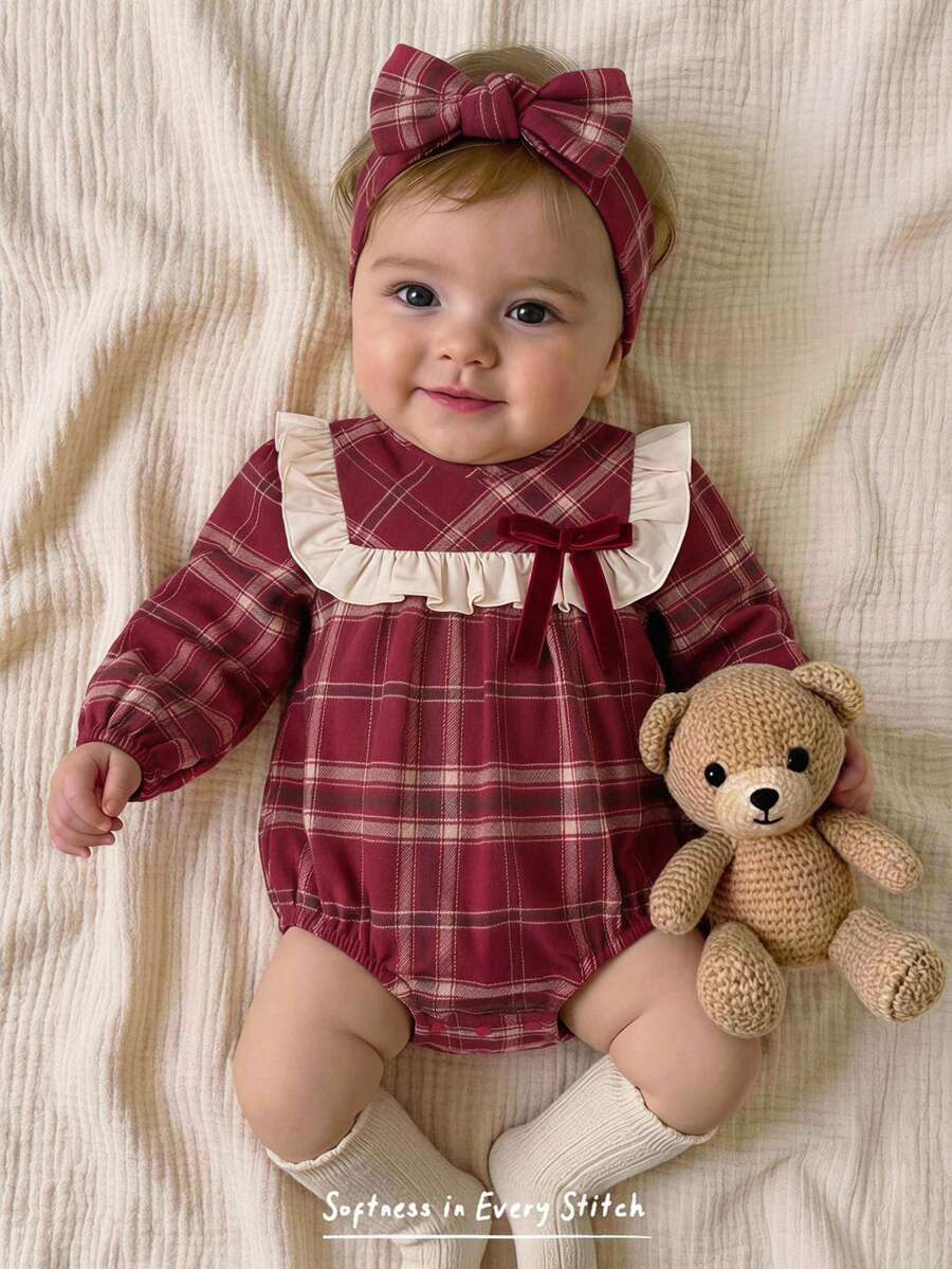 Cozy Pixies Baby Girl Contrast Color Bow Round Neck Ruffle Long Sleeve , Thermal Lined Thickened Red Plaid , Suitable For Winter, Christmas, New , Outings Autumn - Red - View 1