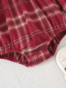 Cozy Pixies Baby Girl Contrast Color Bow Round Neck Ruffle Long Sleeve , Thermal Lined Thickened Red Plaid , Suitable For Winter, Christmas, New , Outings Autumn - Red - View 6