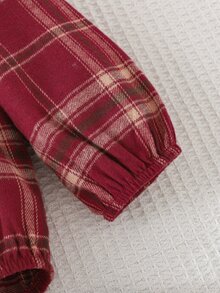 Cozy Pixies Baby Girl Contrast Color Bow Round Neck Ruffle Long Sleeve , Thermal Lined Thickened Red Plaid , Suitable For Winter, Christmas, New , Outings Autumn - Red - View 8