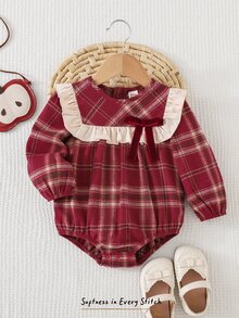 Cozy Pixies Baby Girl Contrast Color Bow Round Neck Ruffle Long Sleeve , Thermal Lined Thickened Red Plaid , Suitable For Winter, Christmas, New , Outings Autumn - Red - View 3