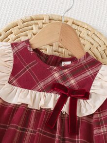 Cozy Pixies Baby Girl Contrast Color Bow Round Neck Ruffle Long Sleeve , Thermal Lined Thickened Red Plaid , Suitable For Winter, Christmas, New , Outings Autumn - Red - View 4