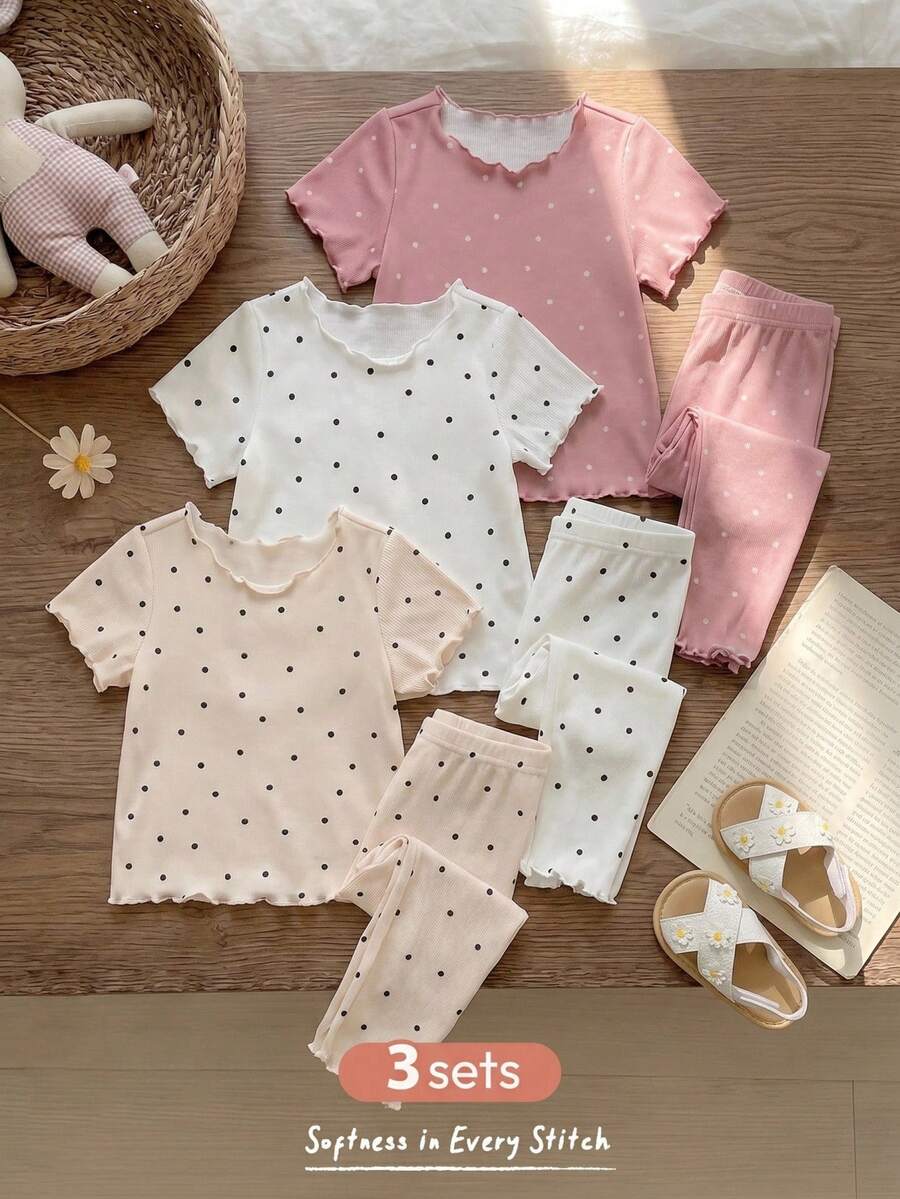 Cozy Pixies Baby Girl Polka Dot Knit Soft Crew Neck Short Sleeve Ruffle Top Elastic Waist Long Pants 3-Piece Set - Pink - View 1