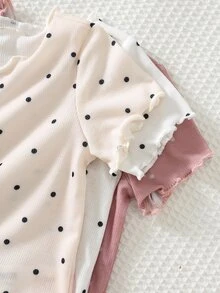 Cozy Pixies Baby Girl Polka Dot Knit Soft Crew Neck Short Sleeve Ruffle Top Elastic Waist Long Pants 3-Piece Set - Pink - View 4