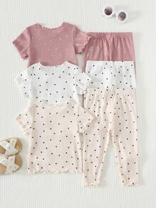 Cozy Pixies Baby Girl Polka Dot Knit Soft Crew Neck Short Sleeve Ruffle Top Elastic Waist Long Pants 3-Piece Set - Pink - View 2