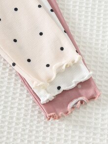 Cozy Pixies Baby Girl Polka Dot Knit Soft Crew Neck Short Sleeve Ruffle Top Elastic Waist Long Pants 3-Piece Set - Pink - View 7