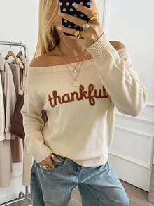 EMERY ROSE Autumn Thanksgiving Themeoff-Shoulder Knit Sweater Featuring A Casual Color-Block Design In Pink And Orange-Perfect For Brunch Or Everyday Family Wear - Multicolor - View 5