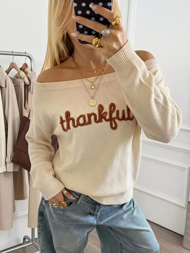 EMERY ROSE Autumn Thanksgiving Themeoff-Shoulder Knit Sweater Featuring A Casual Color-Block Design In Pink And Orange-Perfect For Brunch Or Everyday Family Wear - Multicolor - View 5