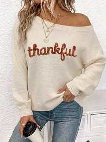 EMERY ROSE Autumn Thanksgiving Themeoff-Shoulder Knit Sweater Featuring A Casual Color-Block Design In Pink And Orange-Perfect For Brunch Or Everyday Family Wear - Multicolor - View 2