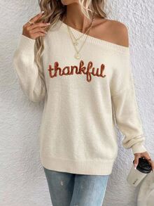 EMERY ROSE Autumn Thanksgiving Themeoff-Shoulder Knit Sweater Featuring A Casual Color-Block Design In Pink And Orange-Perfect For Brunch Or Everyday Family Wear - Multicolor - View 4