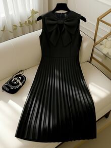 Rosivaux Elegant Black Summer Sleeveless Pleated Midi Dress With Bow Neckline,Perfect For Day Party,Work,Formal Occasions,Graduation And Professional Women - Black - View 5