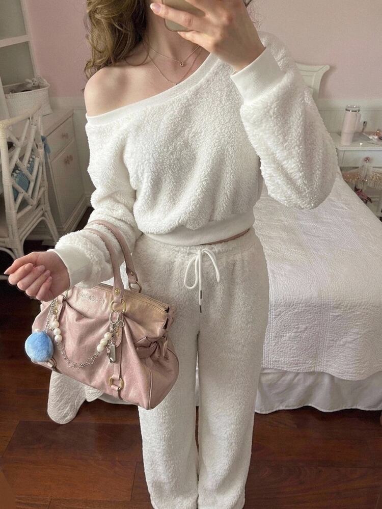 CovetEZ 女款純色毛絨長袖上衣與寬腿褲兩件套 - 白色 - 查看 3