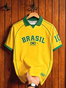Aesthetic Post 男士大尺碼復西隊經典黃綠條紋 Polo 衫，美式 BRASIL #10 印花球衣，男女款圖案 T 恤，男士夏季時尚休閒運動衫，足球，足球用品 - 彩色 - 查看 2