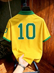 Aesthetic Post 男士大尺碼復西隊經典黃綠條紋 Polo 衫，美式 BRASIL #10 印花球衣，男女款圖案 T 恤，男士夏季時尚休閒運動衫，足球，足球用品 - 彩色 - 查看 3