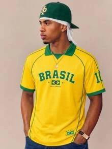 Aesthetic Post 男士大尺碼復西隊經典黃綠條紋 Polo 衫，美式 BRASIL #10 印花球衣，男女款圖案 T 恤，男士夏季時尚休閒運動衫，足球，足球用品 - 彩色 - 查看 1