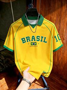 Aesthetic Post 男士大尺碼復西隊經典黃綠條紋 Polo 衫，美式 BRASIL #10 印花球衣，男女款圖案 T 恤，男士夏季時尚休閒運動衫，足球，足球用品 - 彩色 - 查看 4