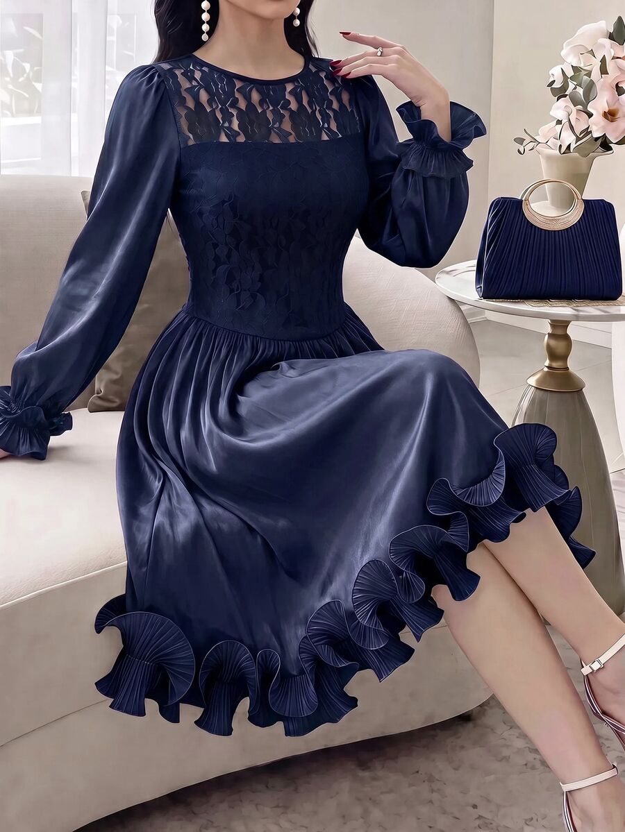 Feyla New Summer Long Sleeve Romantic Ruffle Elegant Lace Patchwork Romantic Vacation Party Dress