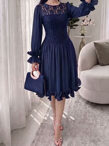 Feyla New Summer Long Sleeve Romantic Ruffle Elegant Lace Patchwork Romantic Vacation Party Dress - Navy Blue - View 6