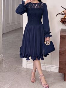 Feyla New Summer Long Sleeve Romantic Ruffle Elegant Lace Patchwork Romantic Vacation Party Dress - Navy Blue - View 7