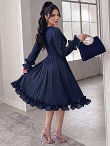 Feyla New Summer Long Sleeve Romantic Ruffle Elegant Lace Patchwork Romantic Vacation Party Dress - Navy Blue - View 4