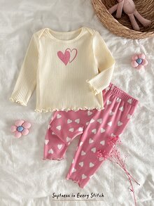 Cozy Pixies 新生女宝宝爱心图案针织柔软圆领长袖套头衫和松紧腰裤两件套 - 粉色 - 查看 7