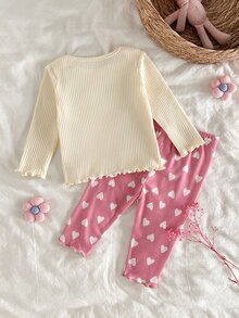 Cozy Pixies 新生女宝宝爱心图案针织柔软圆领长袖套头衫和松紧腰裤两件套 - 粉色 - 查看 2