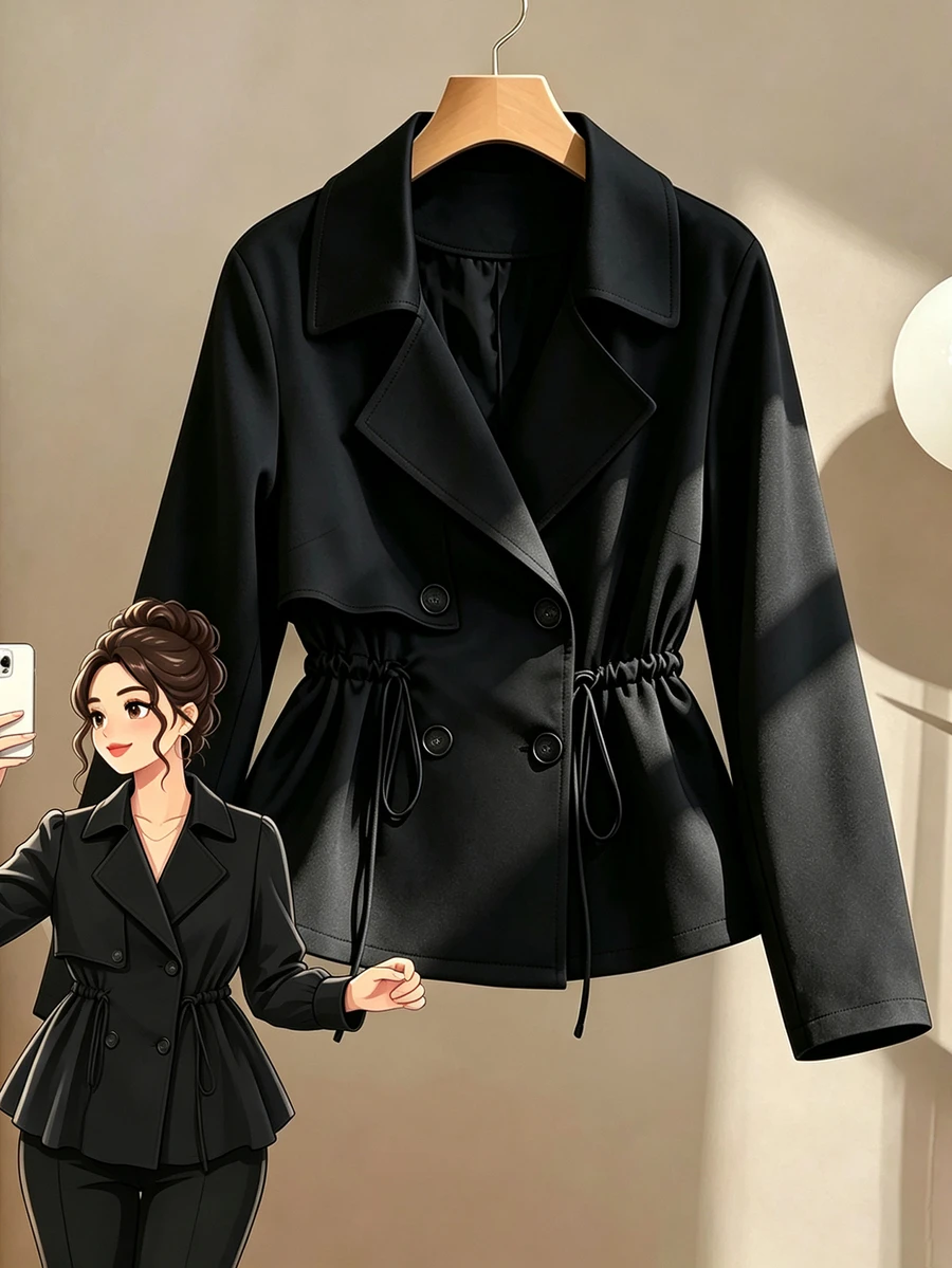 GlowEve CURVE Women's Plus Size New Spring/Autumn Black Blazer Collar Cinched Waist Slimming Short Trench Coat Jacket, Korean Style Long Sleeve Elegant Versatile, Suitable For Spring/Autumn Outings And Commuting, Minimalist Casual Versatile Women's Trench Coat Jacket, Fashionable Office Wear Jacket - Black - View 1