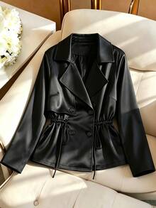 GlowEve CURVE Women's Plus Size New Spring/Autumn Black Blazer Collar Cinched Waist Slimming Short Trench Coat Jacket, Korean Style Long Sleeve Elegant Versatile, Suitable For Spring/Autumn Outings And Commuting, Minimalist Casual Versatile Women's Trench Coat Jacket, Fashionable Office Wear Jacket - Black - View 6