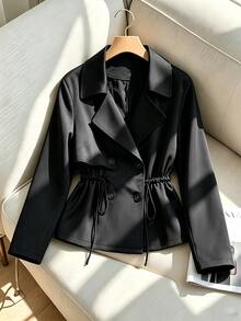 GlowEve CURVE Women's Plus Size New Spring/Autumn Black Blazer Collar Cinched Waist Slimming Short Trench Coat Jacket, Korean Style Long Sleeve Elegant Versatile, Suitable For Spring/Autumn Outings And Commuting, Minimalist Casual Versatile Women's Trench Coat Jacket, Fashionable Office Wear Jacket - Black - View 3