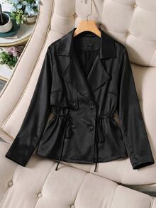 GlowEve CURVE Women's Plus Size New Spring/Autumn Black Blazer Collar Cinched Waist Slimming Short Trench Coat Jacket, Korean Style Long Sleeve Elegant Versatile, Suitable For Spring/Autumn Outings And Commuting, Minimalist Casual Versatile Women's Trench Coat Jacket, Fashionable Office Wear Jacket - Black - View 4