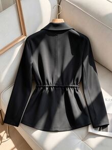 GlowEve CURVE Women's Plus Size New Spring/Autumn Black Blazer Collar Cinched Waist Slimming Short Trench Coat Jacket, Korean Style Long Sleeve Elegant Versatile, Suitable For Spring/Autumn Outings And Commuting, Minimalist Casual Versatile Women's Trench Coat Jacket, Fashionable Office Wear Jacket - Black - View 2